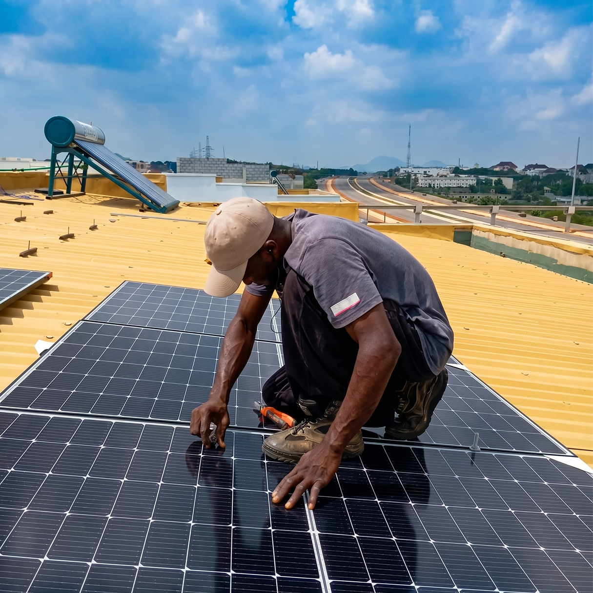 a man working on solar panel on a roof